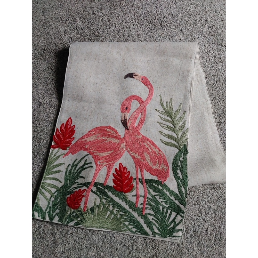 Flamingo Embroidered Table Runner 70x13" Linen Blend Tropical Beach Summer Palm